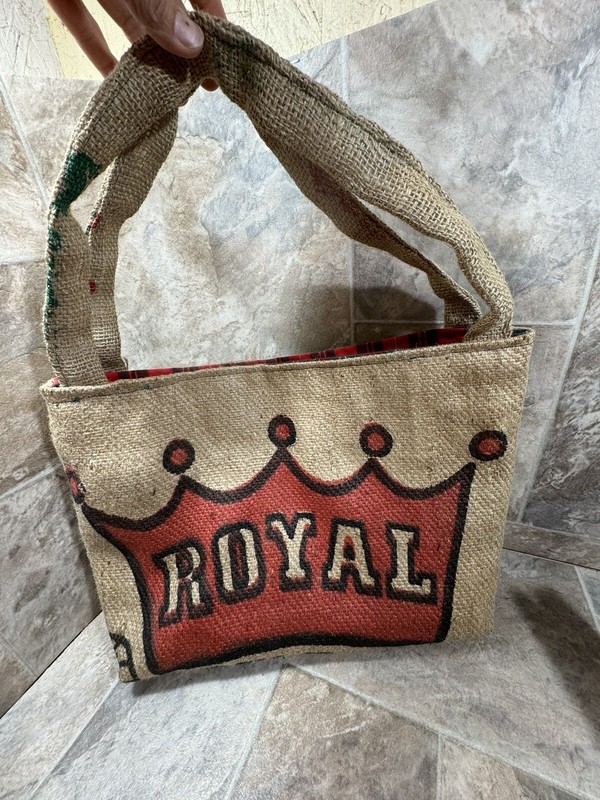 Burlap/Jute Handbag or Tote With Royal Printing Preowned