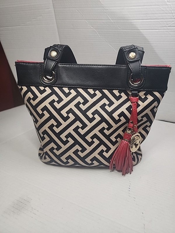 Spartina 449 Linen Shoulder Bag Black White Geometric Red Tassle