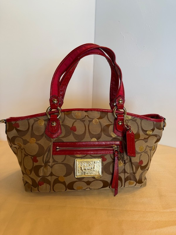 Coach Poppy Signature Collection Brown with Red Hearts and Gold Dots Purse