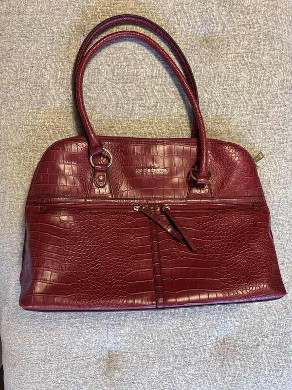 Liz Claiborne Burgundy Croc-Embossed Satchel Zip Top, Inner Pockets Gold HW