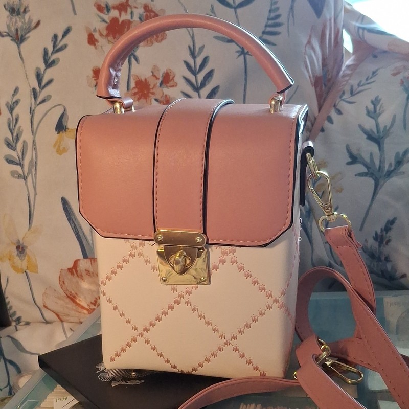 Pink White Small Crossbody Top Handle Gold Hardware Detachable Strap Turn Lock gallery