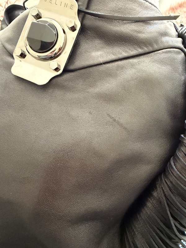 Celine Black Leather Fringe Shoulder Bag Silver Hardware Boho Designer Handbag gallery