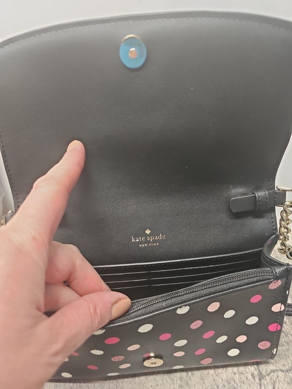 KATE SPADE Purse Black With Pink White Glitter Polka Dots Gold Chain Strap NWOT gallery