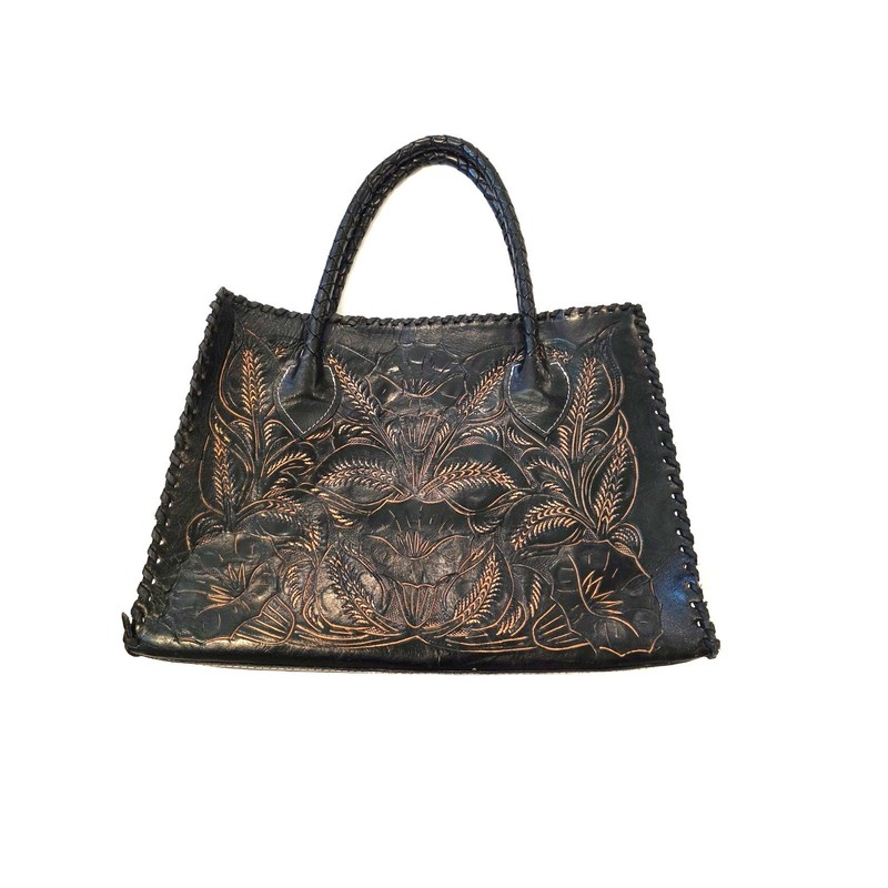 VERY BIG Vtg Art with Leather Zippered Tote Bag Black Floral Tooled Western