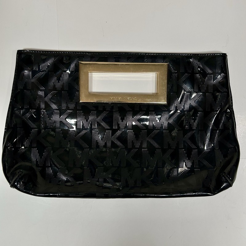 Michael Kors Berkley Black Patent Leather Gold Hardware Monogram Clutch Purse