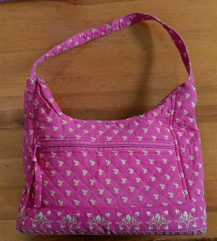 PINK & Green Floral Shoulder Bag Purse Tote Full Zip Cotton Fast Free US Ship