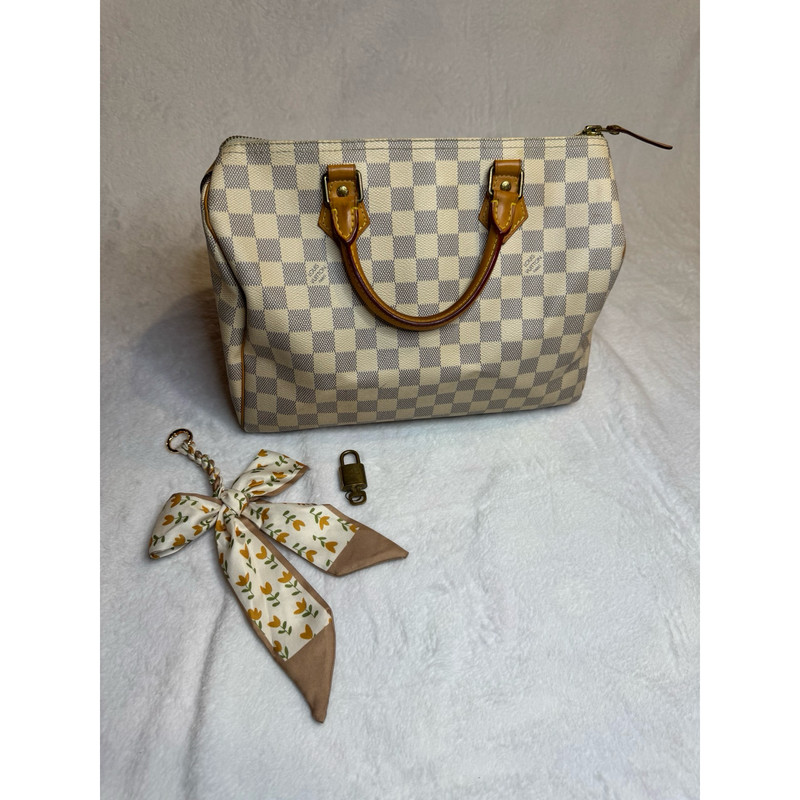 Louis Vuitton Speedy 30 Damier Azur Canvas Vachetta Leather Lock Key Bag Charm G