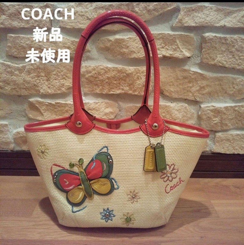 Brand New Coach Tote Bag Handbag Straw Material Butterfly Motif Enamel Embroide
