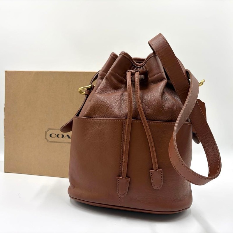COACH Vintage Drawstring Shoulder Bag Camel Leather Bucket Bag USA 4151