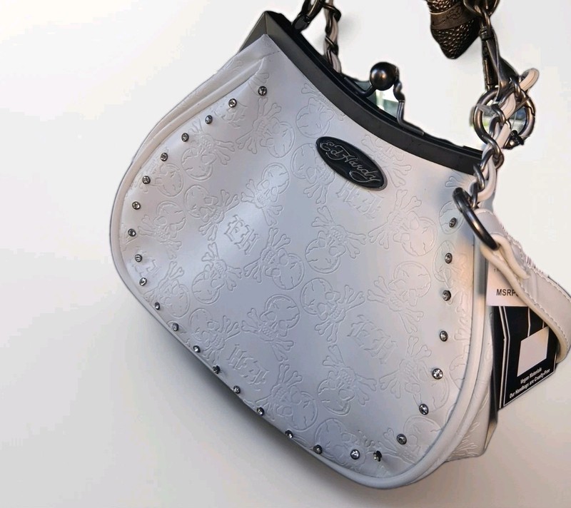 Ed Hardy White Skull Studded Satchel Top Handle Zip Bag w/ Detachable Strap