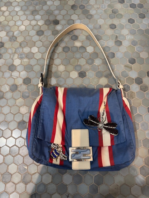 Rare Vintage Fendi Mamma Baguette Blue Dragonfly Beaded Rhinestone Shoulder Bag.