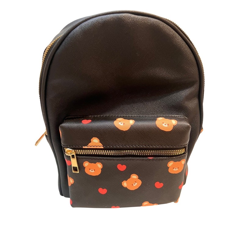 Cute Black Mini Backpack Teddy Bear Heart Print Gold Zippers Pom Pom Charm