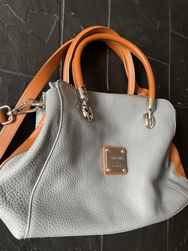 Valentina Leather Gray and Brown Shoulder Bag Purse Gold Hardware