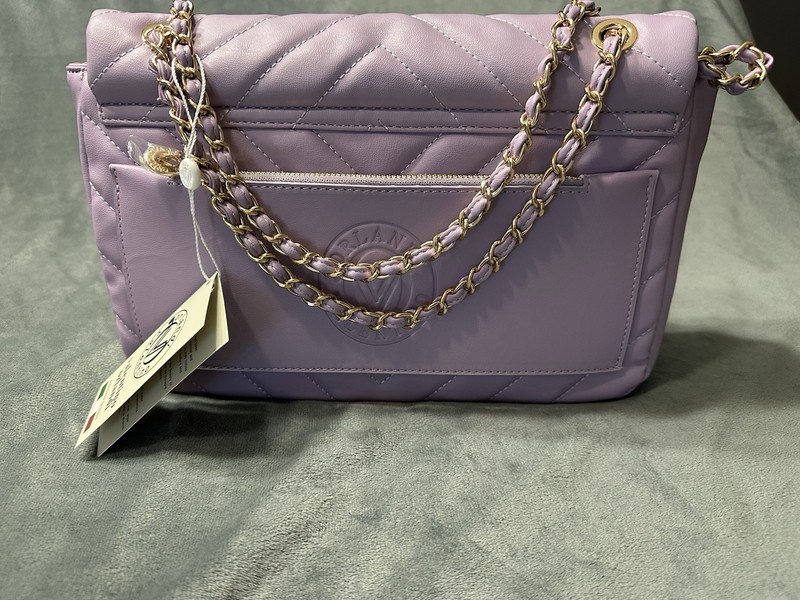 Valentino Orlandi Purple Quilted Crossbody Bag Gold Chain Zip Lined Pockets gallery