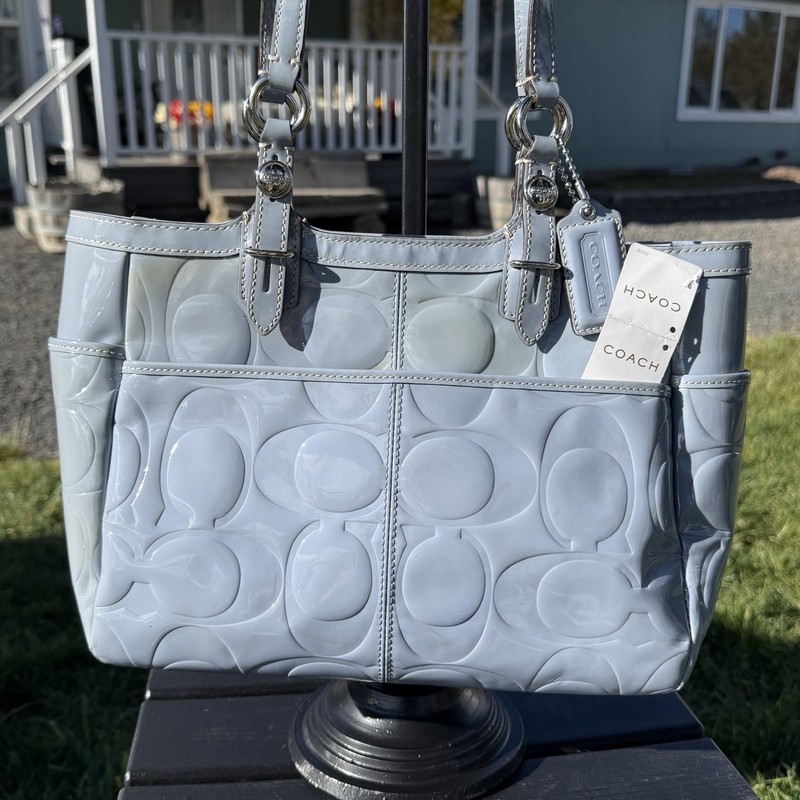 Coach Signature Gallery Tote Bag Embossed Patent Leather Blue gray Read