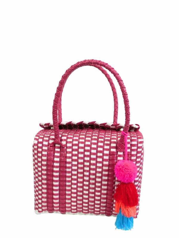 Woven Checkered Tote Bag 9x8x4″ with Pom Pom Tassel, Handmade Mexico