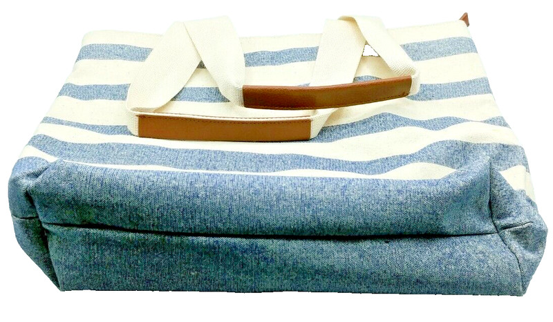 Bath & Body Works Canvas Tote Zippered Blue White 16"W x 14"L, 8" Handle Drop