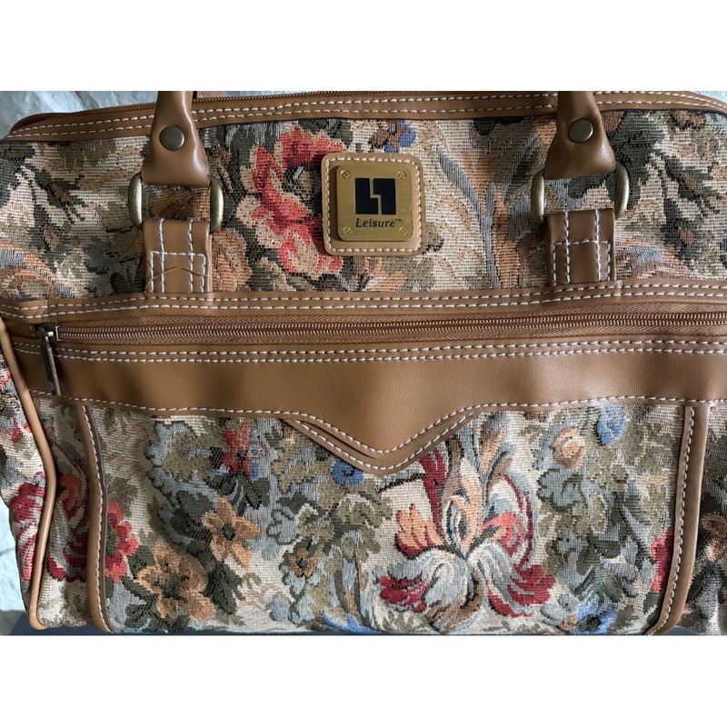 Vintage Leisure Luggage Floral Tapestry Weekender Bag Tan Travel Bag gallery