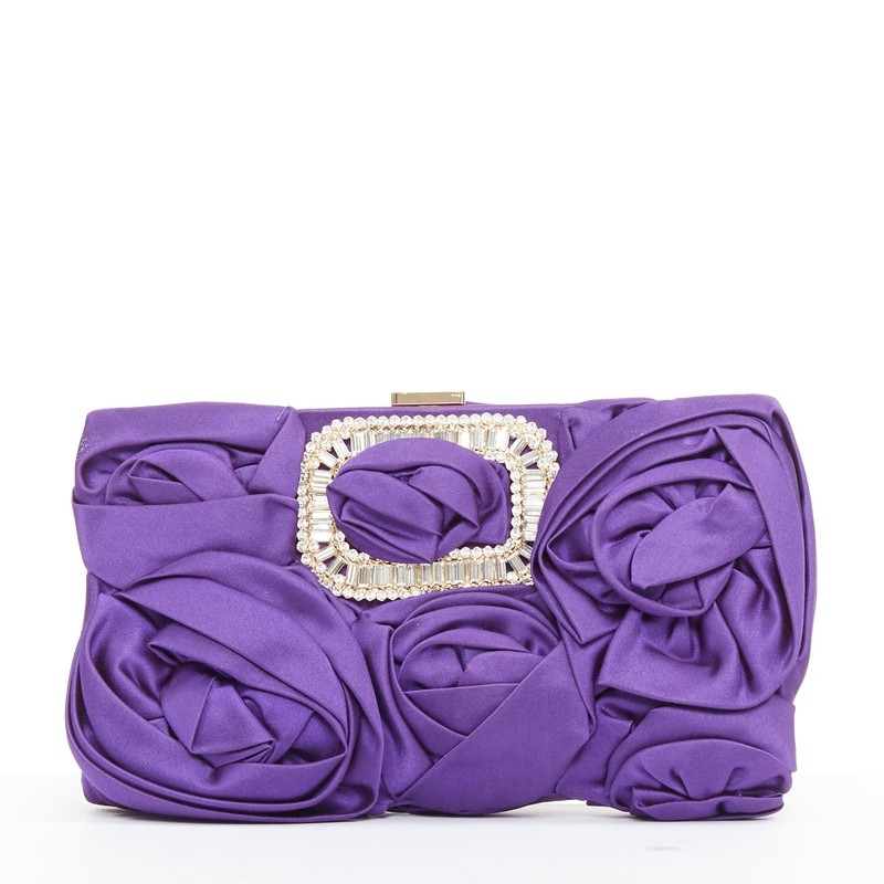 ROGER VIVIER purple satin 3D rose ruffle applique crystal buckle clutch bag