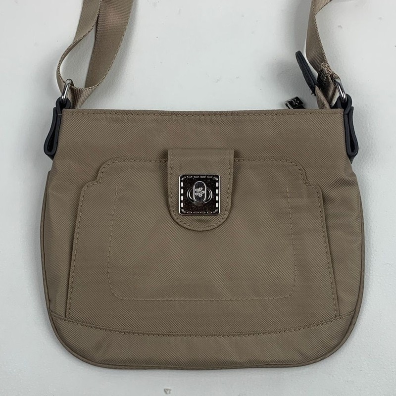 Baggallini Mosey Tan Beige Crossbody Bag Orange lining Pockets Adjustable