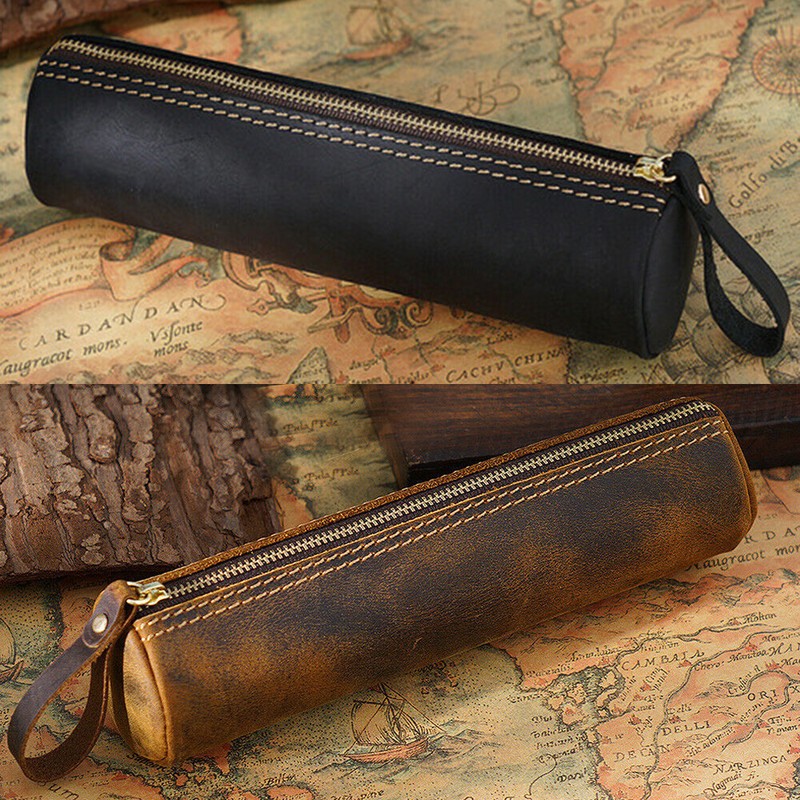 Retro Cowhide Leather Pen Pouch Zipper Pencil Case Stationery Storage Pen Bag gallery