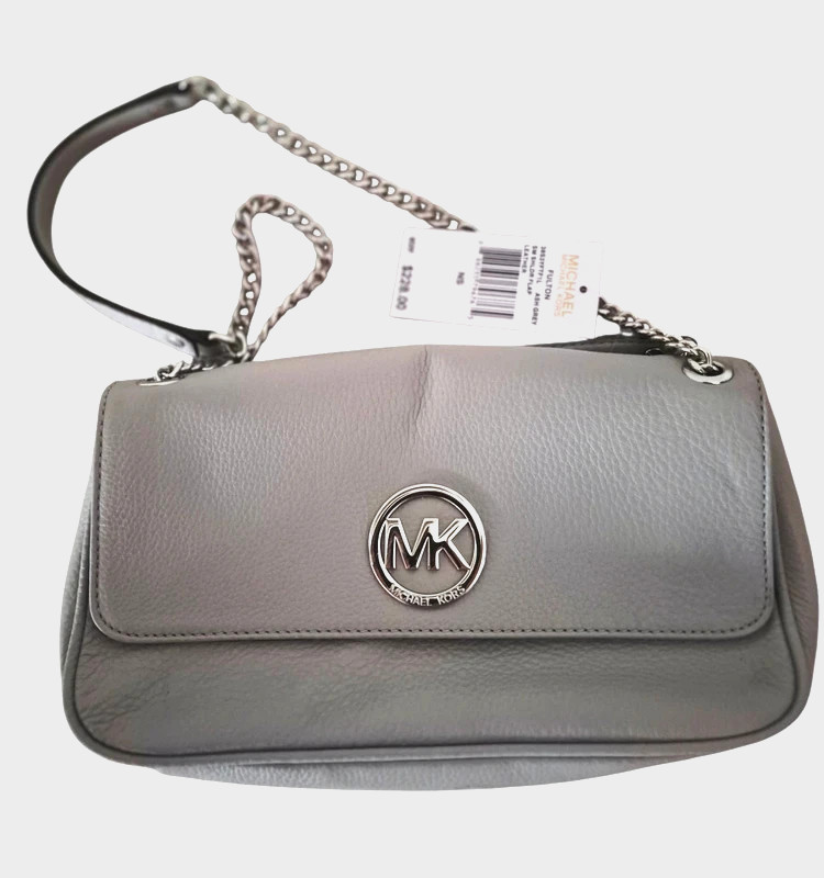 Michael Kors fulton small shoulder flap bag ash grey pebbled leather