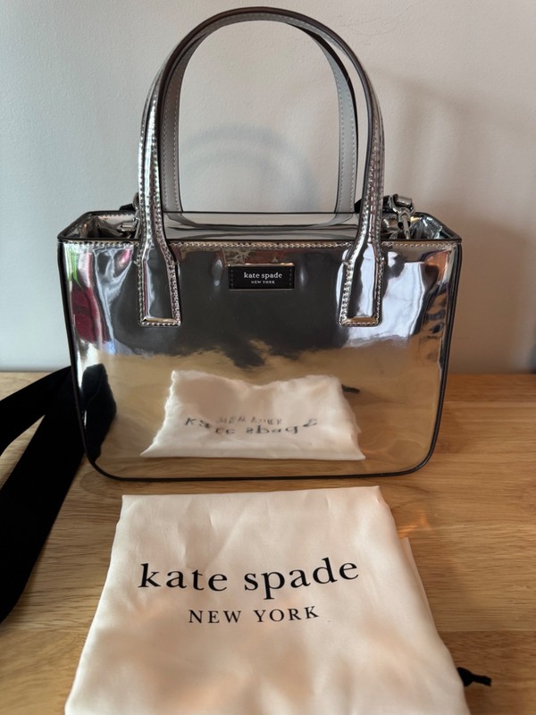 Metallic Mirror Silver Kate Spade Sam Icon Small Rectangle Crossbody Tote EUC