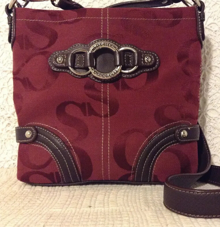 Cross-body purse by “Sophia Caperelli” in burg.high density cotton/poly+leather