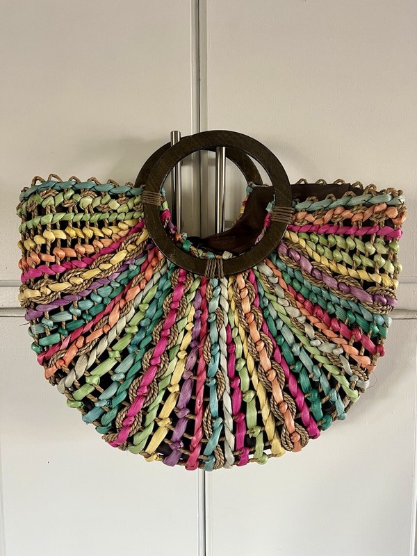 Miztique Woven Straw Multi-Color Half Circle Tote Bag Wooden Handles
