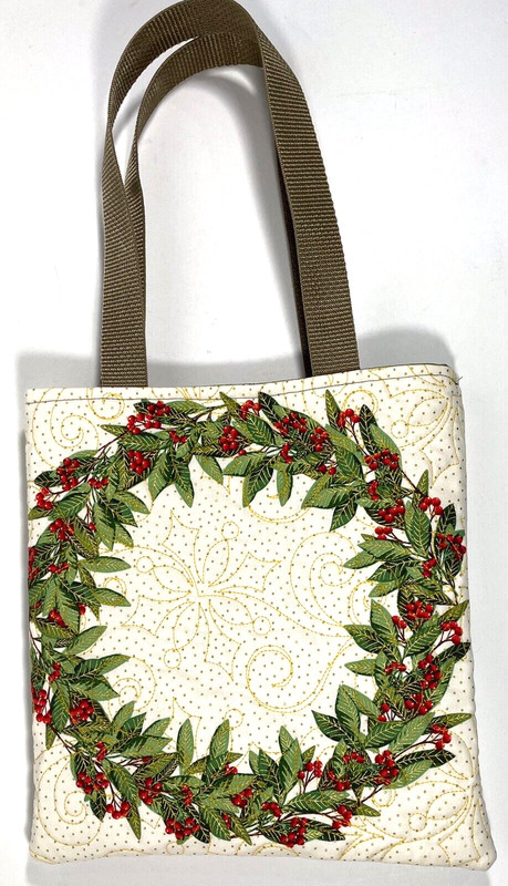 Christmas Wreath Quilted Small Tote Bag Webbing Beige Handles