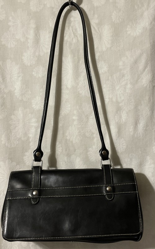 MICHAEL ROME Black Genuine Leather Shoulder Handbag White Stitching