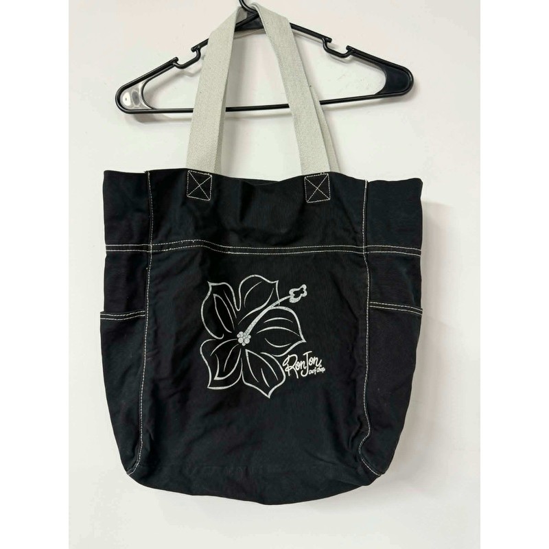 Ron Jon Surf Shop Black Canvas Tote Bag Hibiscus Flower Logo Pockets Cotton