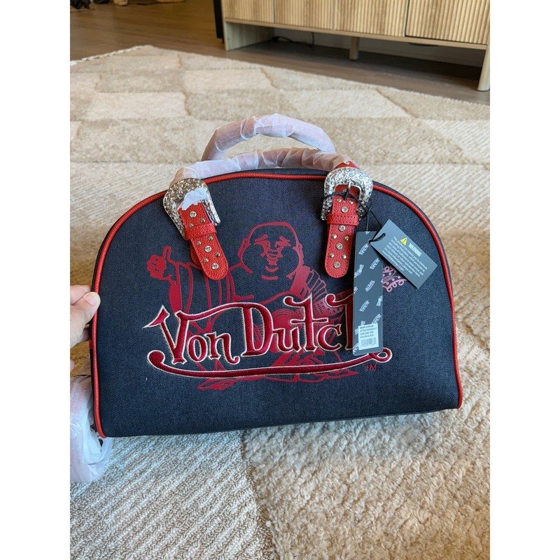 Von Dutch x True Religion Denim Bowling Bag Red Buddha Rhinestone Buckle NWT