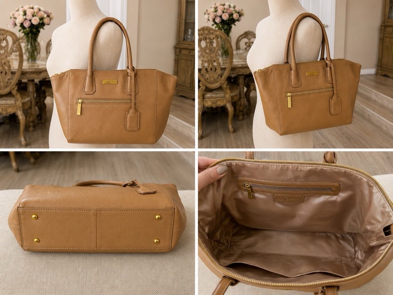 Joy & Iman Camel Brown Faux Leather Tote Bag – Large Zip Top Shoulder Purse