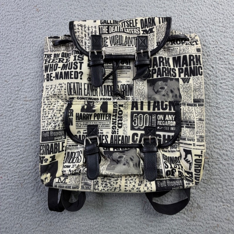 Harry Potter Daily Prophet Newspaper Print Canvas Backpack Rucksack Cream Black