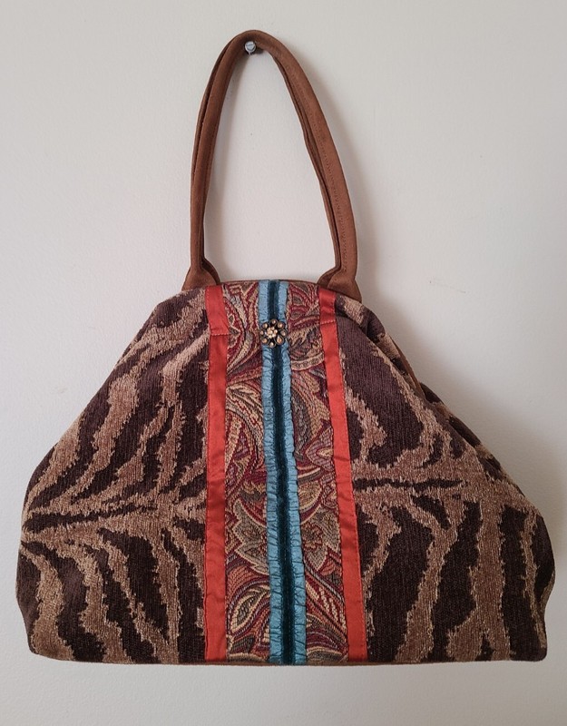Atenti Tapestry Betty Handbag Animal Print Ribbons Rhinestone Button Hinged