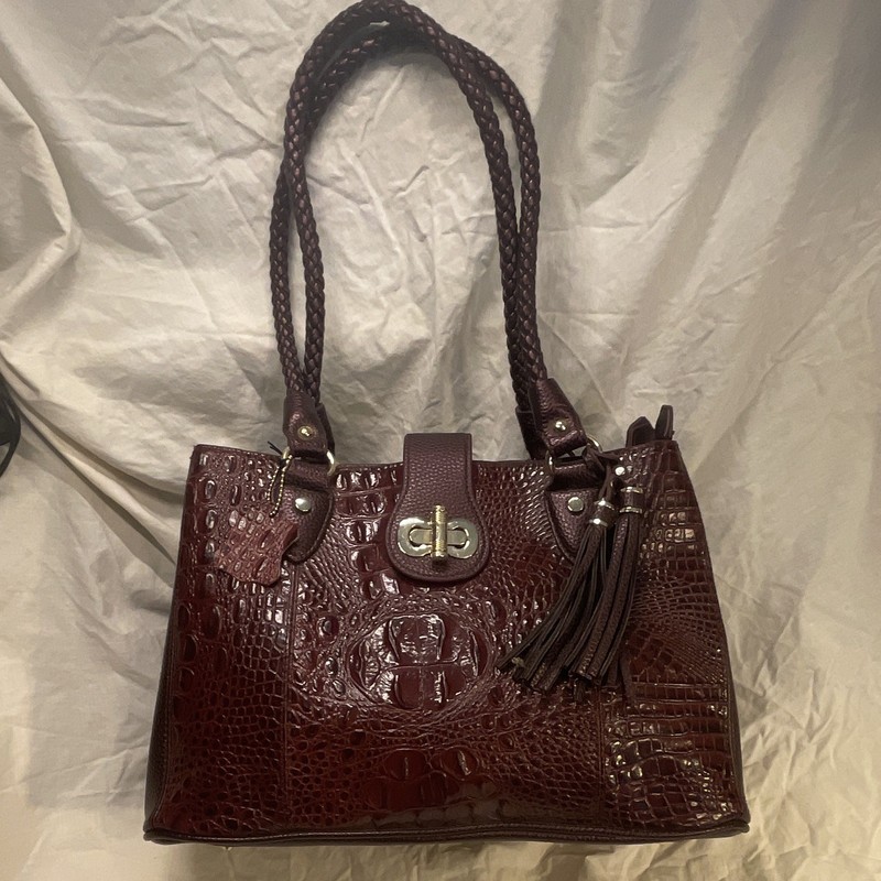 Madi Claire Burgundy Croc Embossed Large Tote Zip Tassel Inner Pockets