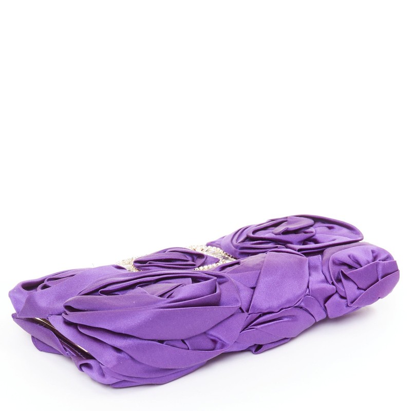 ROGER VIVIER purple satin 3D rose ruffle applique crystal buckle clutch bag gallery