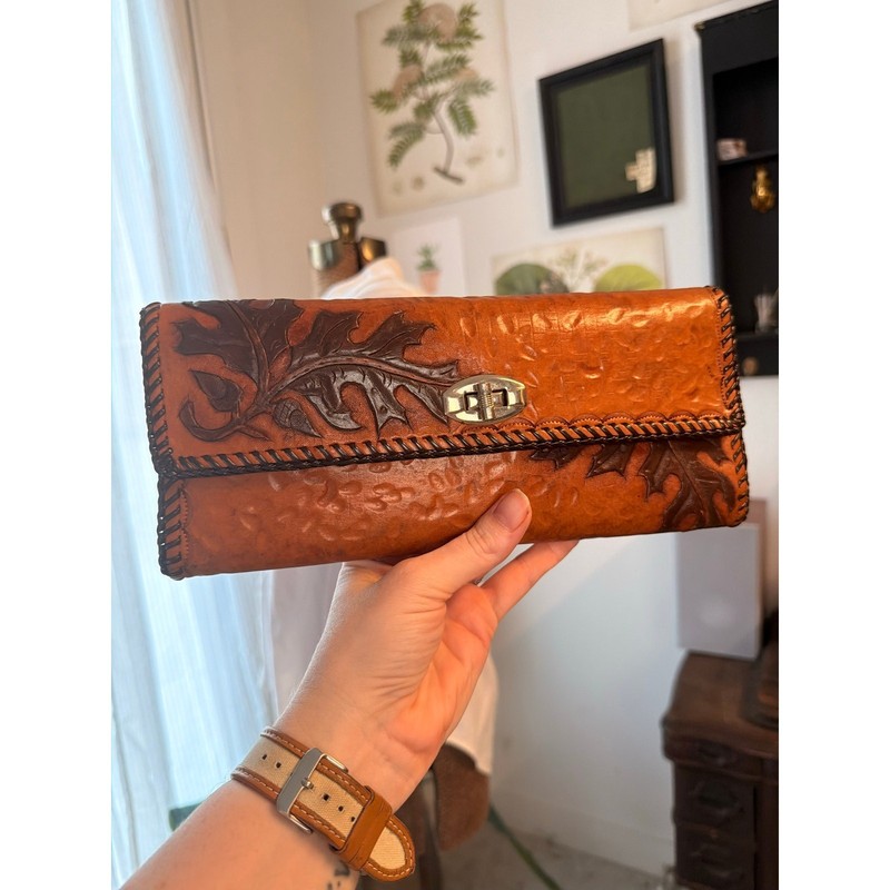 Vintage Leather Wallet Clutch Brown Tooled Floral Pink Interior Western Boho