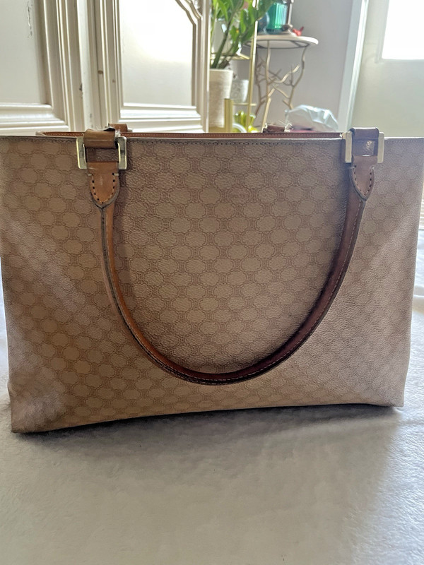 Vintage Celine Macadam Triomphe Canvas Leather Beige Tote Bag Purse w/ COA