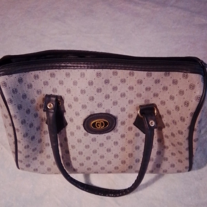 Womens Logo Print Satchel Top Handle Zip Bag Beige Black Double Handles Gold