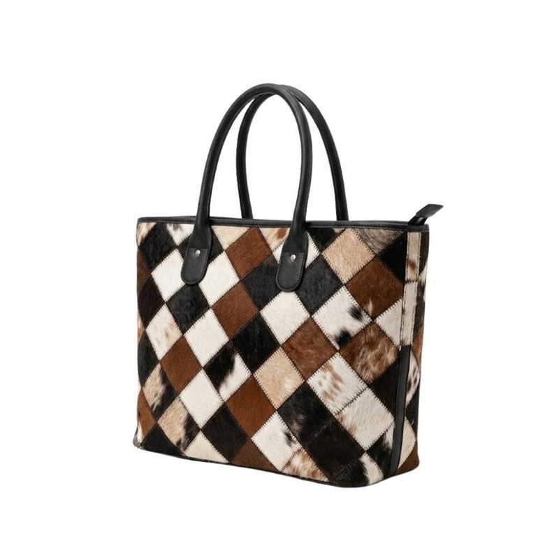 Handmade Patchwork Cowhide Leather Tote – Diamond Pattern Hair-On Handbag gallery