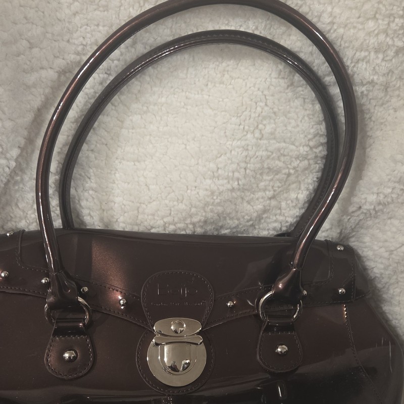 Beijo Brown Patent Satchel Top Handle Bag Silver Tone Hardware Turn Lock