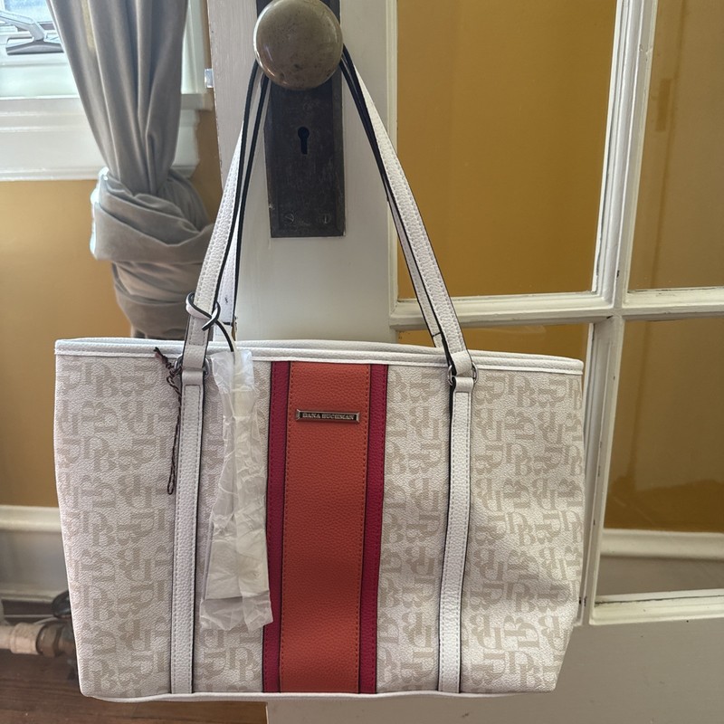 Dana Buchman Beige Red White Tote Bag Logo Striped Stitching Zip Inner Pockets