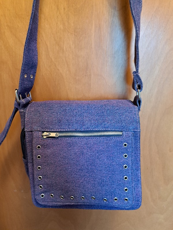 Womens Denim Crossbody Purse With A Pink Hue & Stitching. Multiple Compartment. gallery