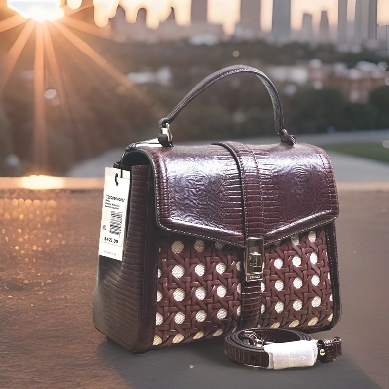 BRAHMIN RENE COGNAC MILLBROOK BROWN LIZARD LEATHER WOVEN ACCTS SATCHEL HANDBAG