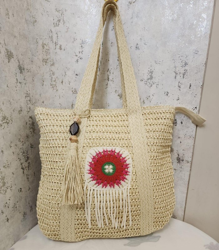 Boho Crochet Woven Tote Bag Large Straw Beach Bag Fringe Tassel Summer Shoulder
