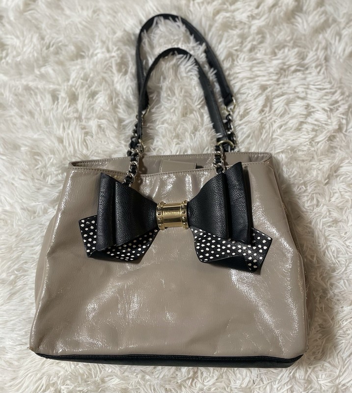 Betsey Johnson Bow Polka Dot Purse Bag Coquette Preppy Chain Strap Satchel Taupe