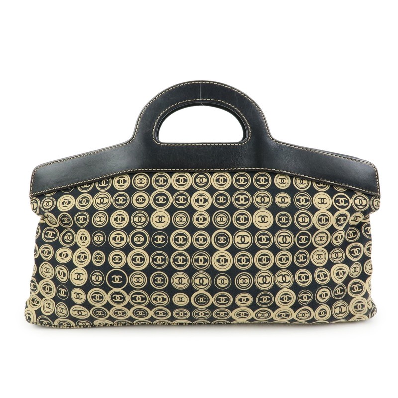 CHANEL COCO Mark Canvas Leather Hand Bag Beige Black Authentic Used F/S