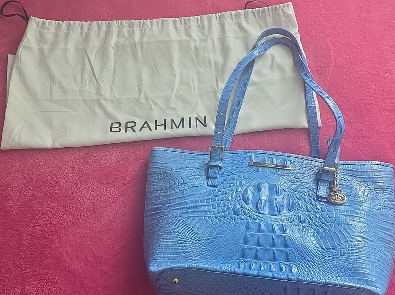 Brahmin Blue Crocodile Embossed Tote Gold Hardware Tassel Logo Charm Dust Bag